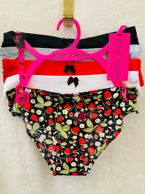 NWT BETSEY JOHNSON 5pc High Leg Bikini Silky Nylon Spandex Panty Strawberry Set